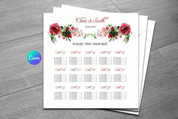 Watercolor Floral Wedding Seating Chart and Print Templates