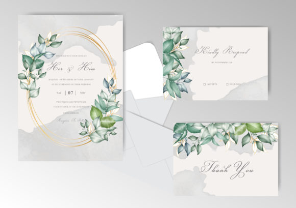 Watercolor Greenery Wedding Card Set and Print Templates