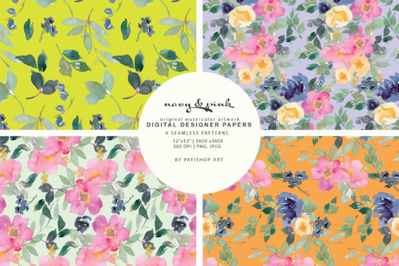 Watercolor Navy and Pink Floral Patterns for Commercial Design