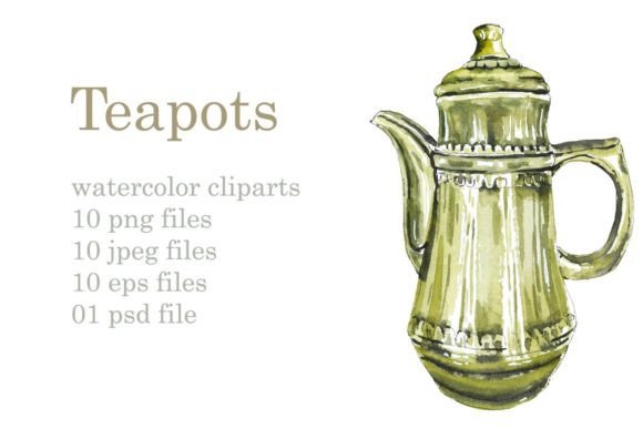 Watercolor Sketch Teapots and Decorative Elements