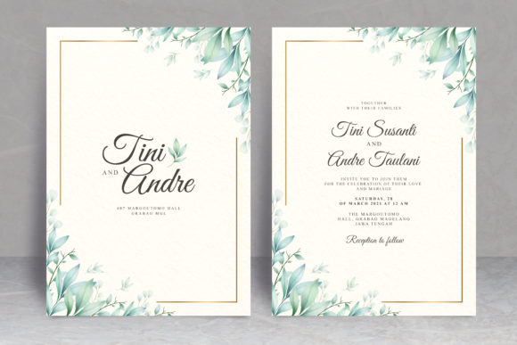 Wedding Card Set with Leaves Watercolor Print Templates